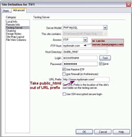 Edit a site by double-cliciking on the Site dropdown or choosing Sites...edit sites. Make sure you take the public_html/ out of the URL prefix. (50kb)