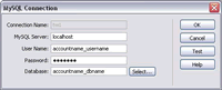 Here you enter the values you created for your database and user. The host remains as localhost, since your testing server is local to the database. Remember cpanel appends your user name to every database and user you make. Don't forget to add a user to a database before using it for a connection here. You can Select the database if you want, after you've put in the other info. You can click test to make sure it works. (18kb)