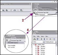 Now you're ready for (4) Create a Recordset. You cannot do this until you've done 1-3. (47kb)