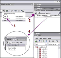 Once you've made your recordset and set up queries, you want to GET your page, since you are working on the remote server.  This way you can have a local copy.  You can also synchronize your site after each design session. (49kb)